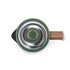 Green saucepan with wood effect handle, top down view, lid on