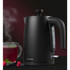 Black electric kettle with Salter logo, shown with a cup of berry tea and berries.