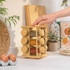 Wooden spice rack with 16 glass jars, bamboo lids, square rotating design