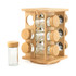 Rotating bamboo spice rack with twelve empty glass jars and wooden lids