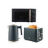 Salter 3-piece kitchen set in dark grey: microwave, kettle and toaster with toast.