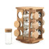 Wooden spice rack with twelve glass jars and wooden lids, plus one empty jar beside.