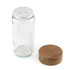 Empty glass spice jar with wooden lid and shaker top, lid shown beside jar