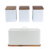 Set of three white storage canisters with wood lids and matching bread bin