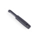 Black-handled straight vegetable peeler on white background