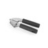 Stainless steel garlic press with black handles, shown at an angle on a white background