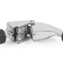 Stainless steel garlic press with black handles, shown open on white background