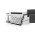 Stainless steel garlic press with black handles, shown closed on white background