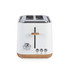 White 2-slice toaster with wood accents, shown from front on plain background.