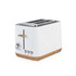 White two-slice toaster with wood-effect accents, angled view.