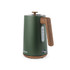 Matte green electric kettle with wood-effect handle and base, side water gauge, 1.7 litre capacity