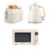 Cream kitchen set with toaster, kettle, and microwave, shown on white background