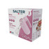 Pink retro hand mixer with attachments shown on box packaging