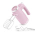Pink hand mixer with metal beaters and dough hooks, countertop product image