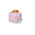 Pink 2-slice toaster with toast, front controls, and lever, on white background