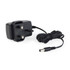 Black UK plug power adapter with attached cable, shown on white background