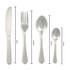 Set of four stainless steel cutlery pieces with lengths shown: knife, fork, tablespoon, teaspoon.