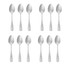 Set of 12 stainless steel dessert spoons arranged in rows on white background