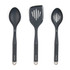 Set of 3 black kitchen utensils with stainless steel accents: solid spoon, slotted turner, slotted spoon.