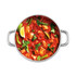 Chicken curry with green beans and fresh coriander in silver pot, top view