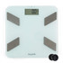 White digital bathroom scale with silver foot pads, LCD display showing 0.0 kg