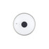 Round glass saucepan lid with stainless steel rim and black handle, top view