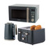 Salter 3-piece kitchen set: dark blue microwave, kettle, and 2-slice toaster with bread.