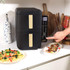 Black and gold dual drawer air fryer with digital control panel and open tray