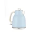 Blue electric kettle with cream handle, shown upright on white background