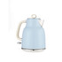 Blue electric kettle with cream handle, shown upright on white background