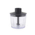 Food chopper attachment with clear bowl and black lid, shown on white background
