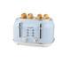 Light blue 4-slice toaster with bread in slots, front controls visible