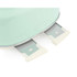 Close-up of mint green toaster with two removable crumb trays extended