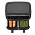 Black dual air fryer with display, cooking salmon fillets on the left and asparagus on the right
