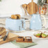 Retro blue toaster and kettle on kitchen counter with toast and avocado brunch