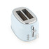 Two-slice pastel blue toaster with chrome controls, shown angled from above.