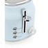 Close-up of light blue toaster with chrome reheat, defrost, cancel buttons and dial