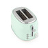 Mint green 2-slice toaster with chrome controls and browning dial