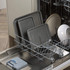 Grey baking trays and crockery in dishwasher lower rack