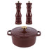 Set of two burgundy Salter grinders with matching casserole pot and gold knobs.