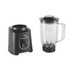 Black Salter blender base with dial, shown on kitchen counter with fruit and spinach.