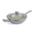 Light green non-stick wok with two grey handles and glass lid, shown at angle