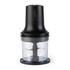 Black food chopper with clear bowl, shown upright