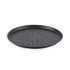 Black perforated pizza tray with white flecks, shown empty on a white background