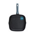 Square blue non-stick grill pan with handle, shown at an angle
