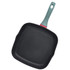 Square black grill pan with blue handle, shown from above