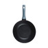 Non-stick black frying pan with blue handle, top view