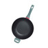 Non-stick black wok with teal handles, overhead view