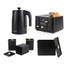 Black kettle, toaster and storage canisters set with gold accents, shown on white background