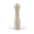 Beige wooden pepper mill with gold knob, shown upright on white background